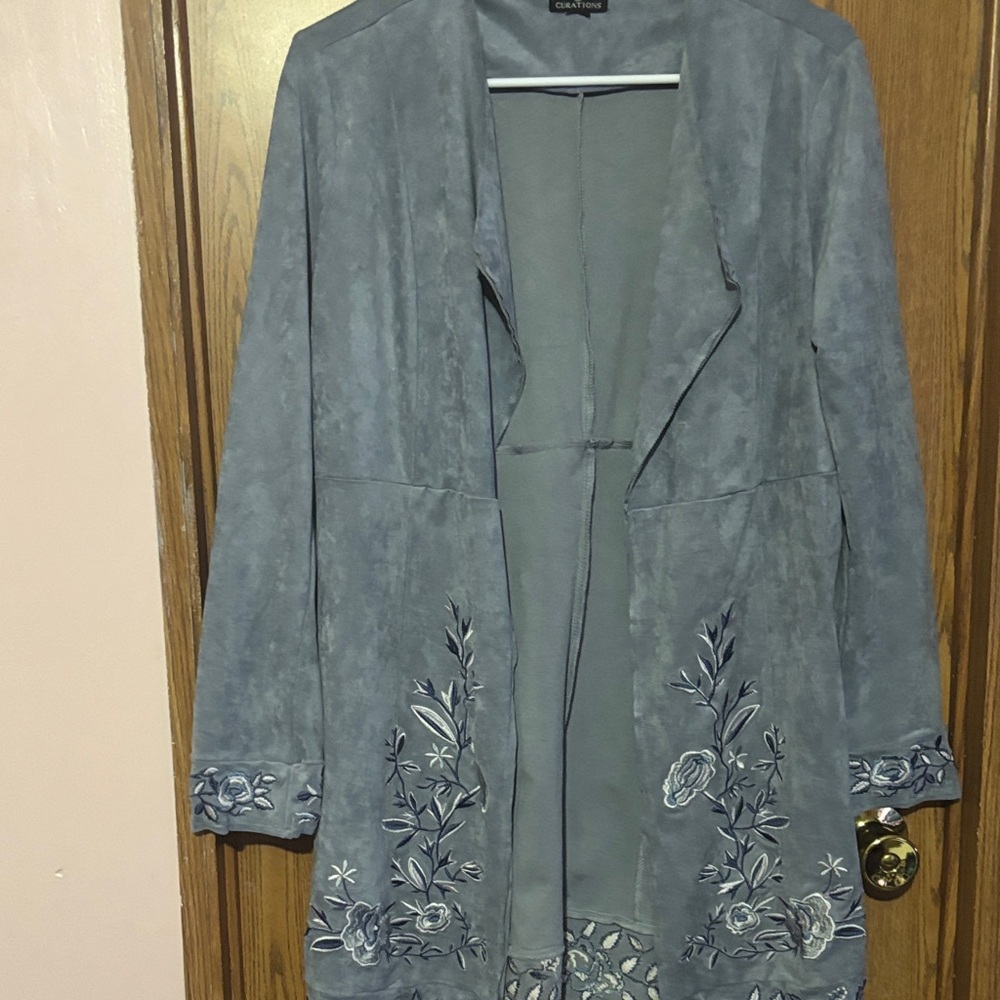 Elegant Gray Floral Embroidered Trench Coat